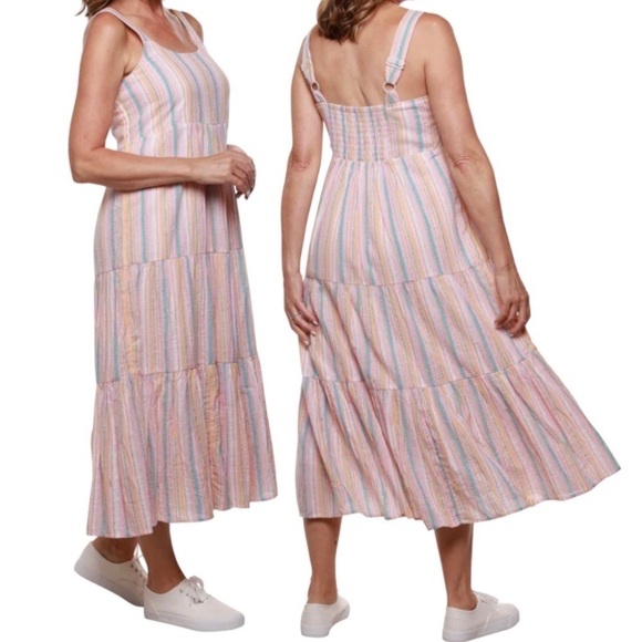 Dresses & Skirts - Metallic Sun Dress PINK Aqua Multicolored Tiered Lined Flowy Crepe Prairie Dress